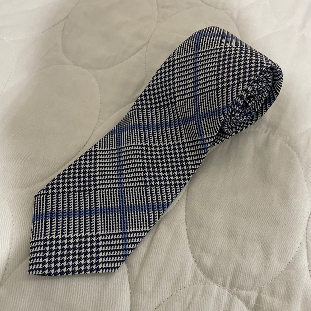 Robert Jensen Mens Silk Tie Blue White Glen Plaid Hand Made in Italy 3.25" Width